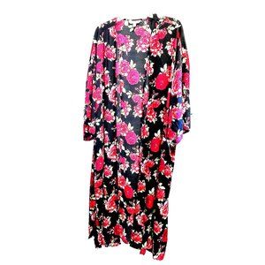 Pioneer Women Floral Rose Sleepwear Robe L /XL Short Kimono Slvs Black Red Pink